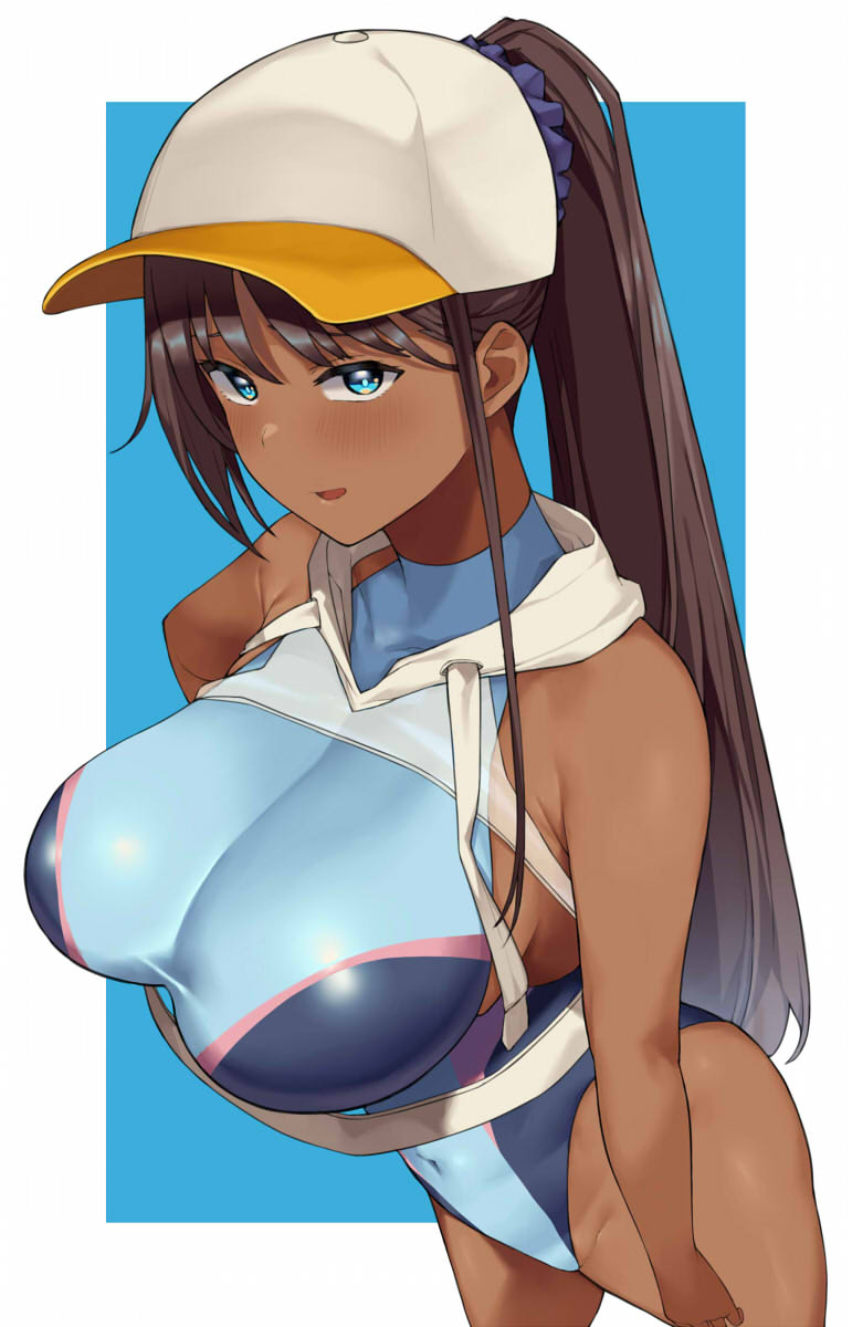 1girl :d bare_shoulders blue_eyes blush brown_hair competition_swimsuit covered_navel dark_skin hai_ookami hat highres long_hair looking_at_viewer one-piece_swimsuit open_mouth original ponytail smile solo swimsuit