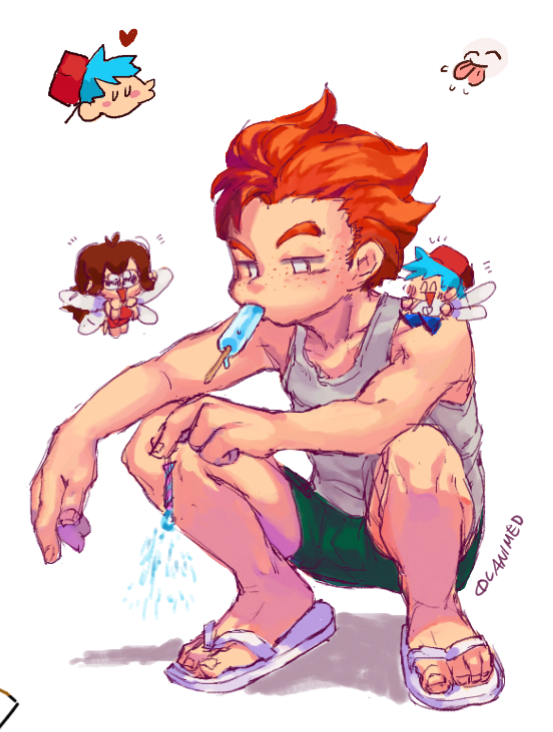 1girl 2boys boyfriend_(friday_night_funkin') crouching fairy_wings friday_night_funkin' girlfriend_(friday_night_funkin') jupen5004 orange_hair pico_(pico's_school) popsicle sandals shorts white_background wings