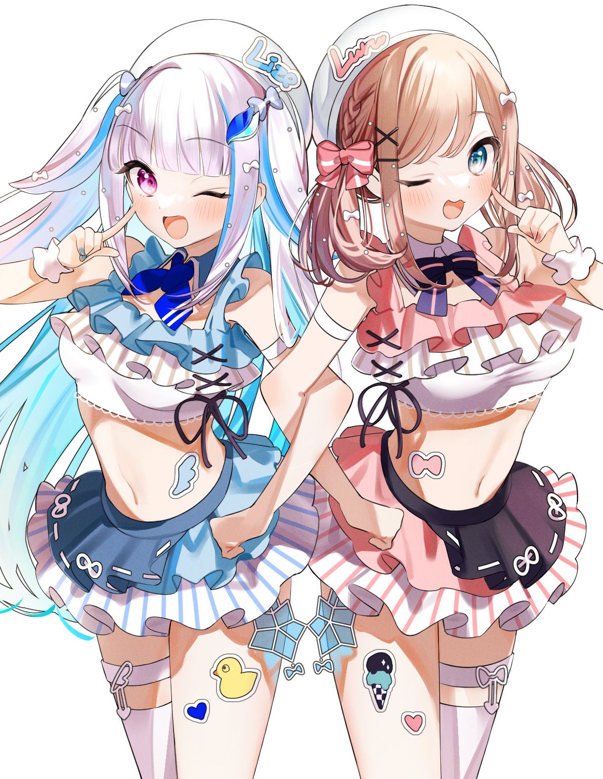 2girls bangs beret black_bow blue_bow blue_hair blue_skirt bow breasts brown_hair colored_inner_hair hair_bow hat highres kuma_daigorou lize_helesta locked_arms medium_breasts multicolored_hair multiple_girls nijisanji one_eye_closed pink_bow pink_skirt pointing pointing_at_self sebastian_piyodore silver_hair single_thighhigh skirt small_breasts sticker suzuhara_lulu thigh-highs thigh_strap violet_eyes virtual_youtuber white_background white_headwear