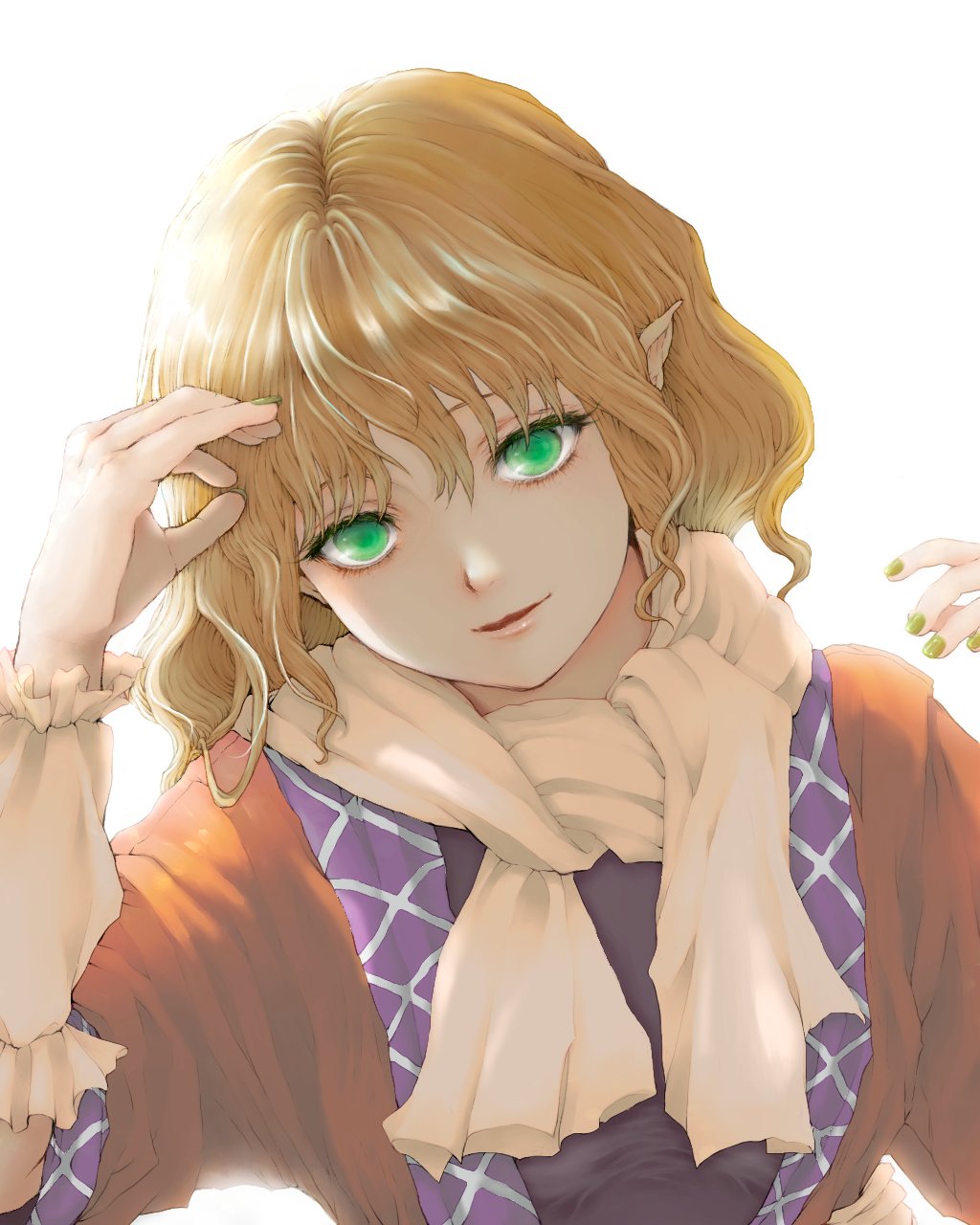 1girl arm_warmers artist_request backlighting blonde_hair bloom eyebrows_behind_hair green_eyes green_nails hair_behind_ear hand_up head_tilt highres light_smile looking_at_viewer medium_hair mizuhashi_parsee nail_polish parted_lips pointy_ears simple_background solo tagme touhou upper_body white_background white_neckwear