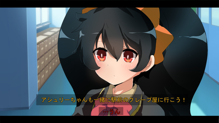 1girl ashley_(warioware) bangs black_hair blush bow bright_pupils commentary_request food-themed_hair_ornament hair_ornament herunia_kokuoji locker long_hair looking_at_another orange_hair_ornament red_bow red_eyes reference_request solo translation_request twintails uniform upper_body warioware white_pupils window
