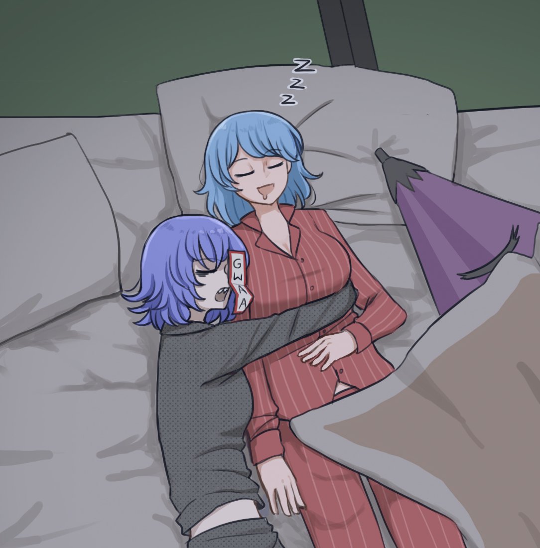 2girls black_pants black_shirt blue_hair closed_eyes commentary english_text futon lying mata_(matasoup) miyako_yoshika multiple_girls ofuda on_back open_mouth pajamas pants pillow red_pants red_shirt shirt sleeping tatara_kogasa touhou umbrella zzz