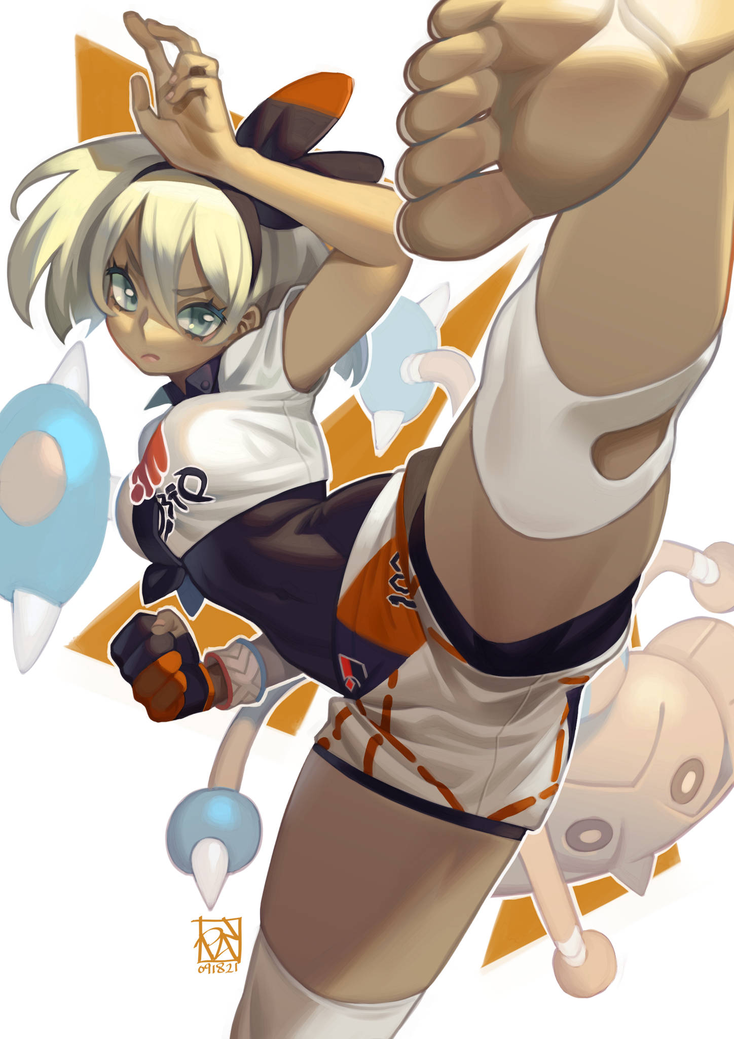 1girl arm_up bangs barefoot bea_(pokemon) black_bodysuit black_hairband bodysuit bodysuit_under_clothes bow_hairband clenched_hand closed_mouth collared_shirt covered_navel dark-skinned_female dark_skin dated dynamax_band english_commentary fingernails gloves grey_eyes grey_hair hair_between_eyes hairband highres hitmontop kicking knee_pads looking_at_viewer mixed-language_commentary partially_fingerless_gloves poch4n pokemon pokemon_(creature) pokemon_(game) pokemon_swsh print_shirt print_shorts shirt short_hair short_sleeves shorts signature single_glove solo_focus standing standing_on_one_leg t-shirt tied_shirt v-shaped_eyebrows white_background white_shirt white_shorts wing_collar wristband