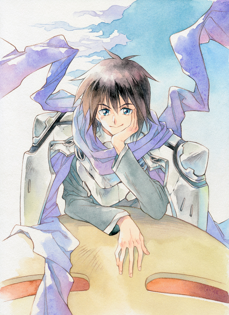 1boy agahari black_hair blue_eyes character_request closed_mouth commentary_request highres houshin_engi long_sleeves looking_at_viewer male_focus purple_scarf scarf short_hair smile solo traditional_media