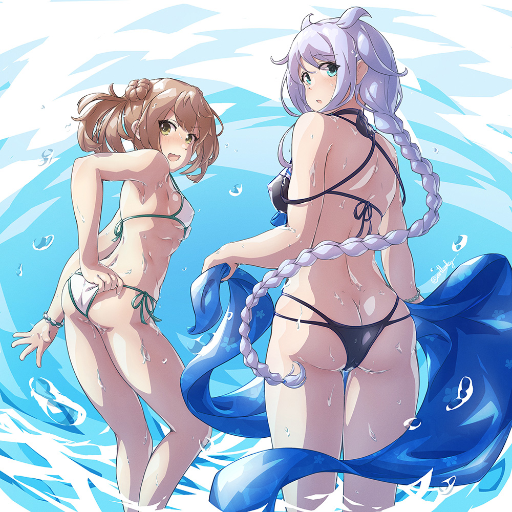 2girls arthur_ko ass bangs bikini black_bikini blue_eyes blue_sarong braid breasts butt_crack commentary_request commission cowboy_shot double_bun feet_out_of_frame from_behind hair_flaps holding kantai_collection light_brown_hair long_hair looking_at_viewer looking_back medium_breasts michishio_(kancolle) mole mole_under_eye multiple_girls open_mouth parted_bangs remodel_(kantai_collection) sarong short_hair short_twintails side-tie_bikini silver_hair single_braid small_breasts standing swimsuit twintails umikaze_(kancolle) very_long_hair water white_bikini