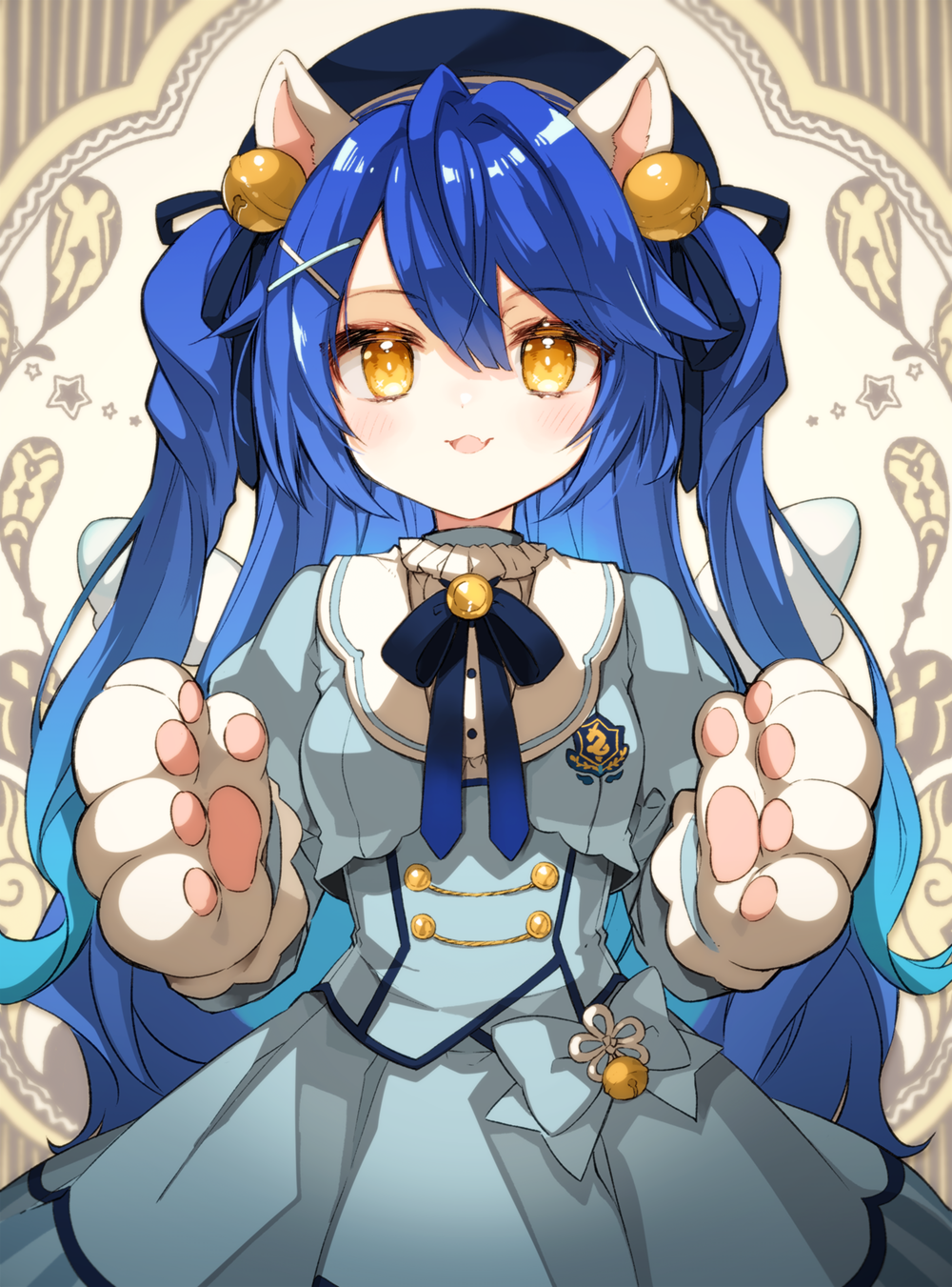 1girl :3 ahoge amamiya_kokoro angel_wings animal_ears animal_hands bangs bell beret blue_dress blue_hair blue_headwear blue_jacket blue_vest bow bowtie cat_ears cat_paws commentary_request cropped_jacket dress fang gloves hair_bell hair_ornament hairclip hat highres jacket jingle_bell juliet_sleeves kamiyoshi_rika long_hair long_sleeves looking_at_viewer mini_wings nijisanji open_mouth orange_eyes paw_gloves puffy_sleeves reaching_out skin_fang solo two_side_up vest virtual_youtuber wings x_hair_ornament