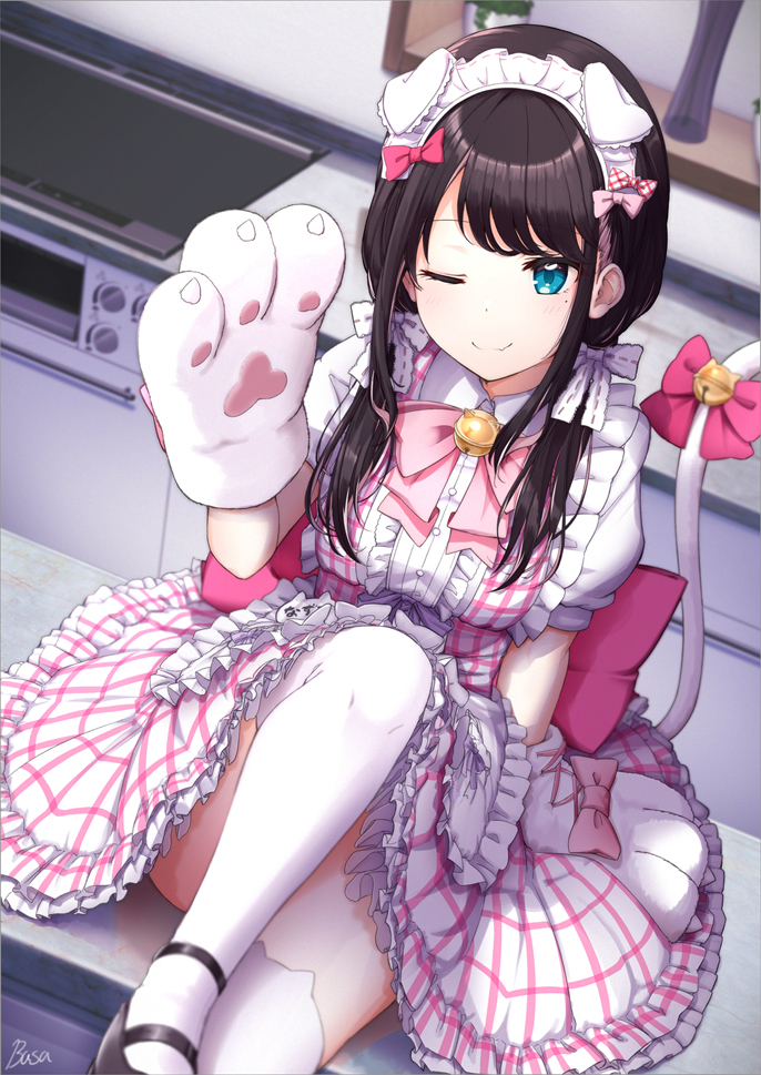 1girl ;) animal_ear_legwear animal_ears animal_hands apron bangs basa_rutan bell black_footwear black_hair blue_eyes blush bow cat_ear_legwear cat_ears cat_tail closed_mouth commentary_request counter eyebrows_visible_through_hair fake_animal_ears frilled_apron frilled_skirt frills gloves hair_bow hair_over_shoulder hand_up indoors jingle_bell kaga_nazuna knee_up long_hair low_twintails lupinus_virtual_games maid_headdress mole mole_under_eye one_eye_closed paw_gloves pink_bow puffy_short_sleeves puffy_sleeves shirt shoes short_sleeves sitting skirt smile solo stove suspender_skirt suspenders tail tail_bell tail_bow tail_ornament thigh-highs twintails virtual_youtuber white_apron white_bow white_gloves white_legwear white_shirt