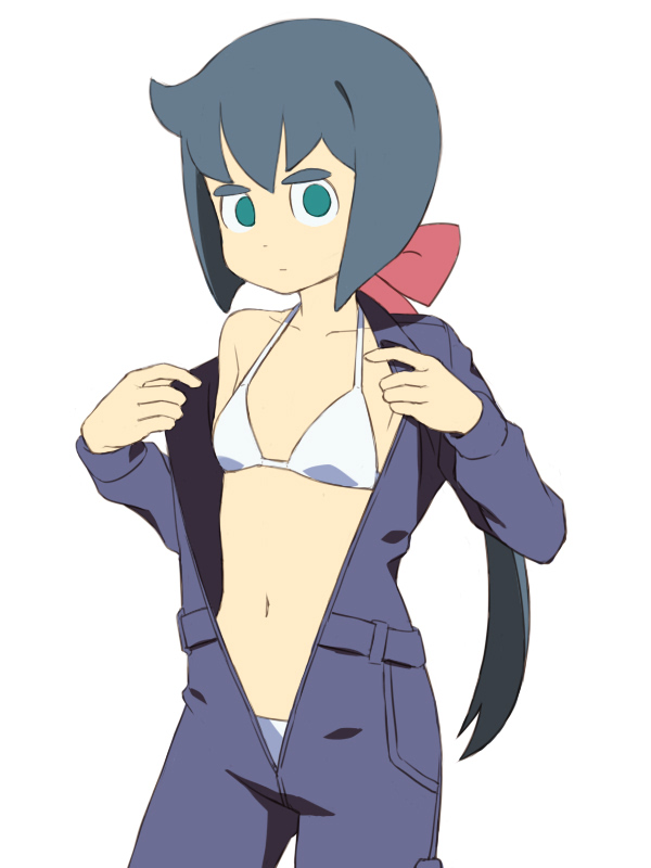 1girl :| ahoge bangs bikini blue_hair blue_jumpsuit bob_cut bow breasts closed_mouth collarbone constanze_amalie_von_braunschbank-albrechtsberger contrapposto cowboy_shot green_eyes hair_bow hair_ornament halterneck jumpsuit little_witch_academia long_hair long_sleeves looking_at_viewer navel red_bow satochi simple_background small_breasts solo swimsuit thick_eyebrows undressing very_long_hair white_background white_bikini