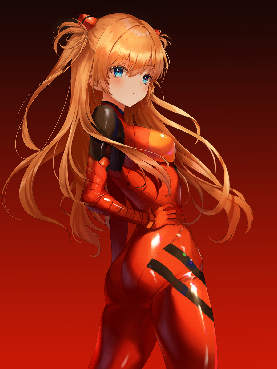 1girl ass blue_eyes blush bodysuit breasts closed_mouth gradient gradient_background hair_ornament hand_on_hip heeri highres looking_at_viewer medium_breasts neon_genesis_evangelion orange_hair plugsuit red_background red_bodysuit skin_tight solo souryuu_asuka_langley two_side_up