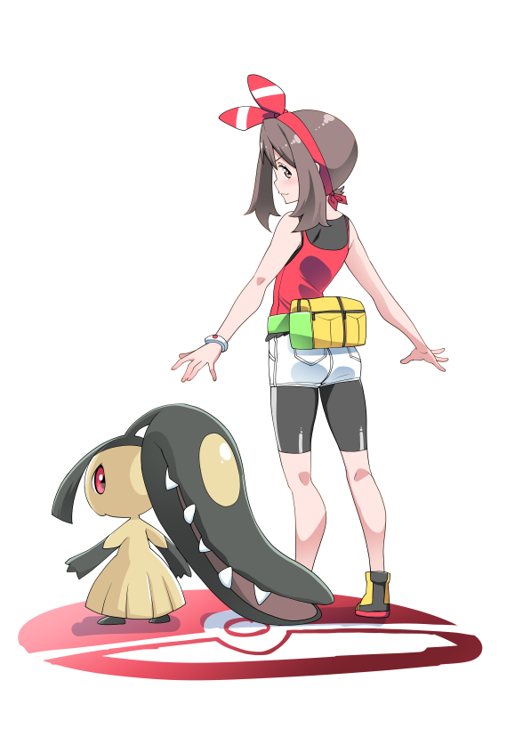 1girl bow_hairband bracelet brown_eyes brown_hair commentary_request fanny_pack from_behind hairband imitating jewelry looking_back mawile may_(pokemon) pokemon pokemon_(creature) pokemon_(game) pokemon_oras satsuki_imonet shorts solo white_shorts