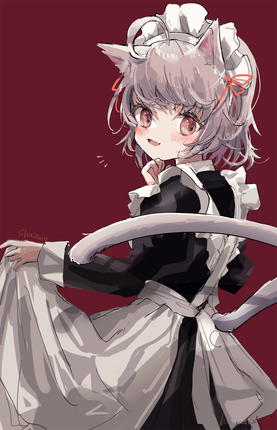 1girl :d ahoge animal_ears apron artist_name bangs black_dress brown_eyes cat_ears cat_girl cat_tail dress fang from_behind grey_hair hand_up highres juliet_sleeves long_sleeves looking_at_viewer looking_back maid maid_apron maid_headdress notice_lines open_mouth original puffy_sleeves red_background red_ribbon ribbon sha2mo signature simple_background smile solo tail