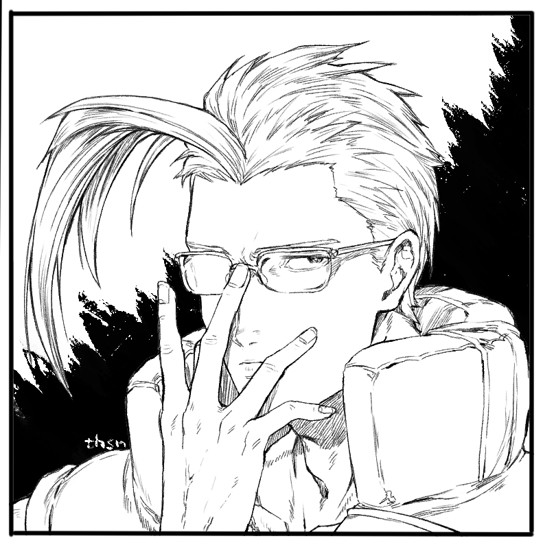 1boy ahoge charlie_nash closed_mouth flak_jacket glasses greyscale huge_ahoge jacket looking_at_viewer male_focus monochrome murata_tefu solo street_fighter street_fighter_zero_(series)