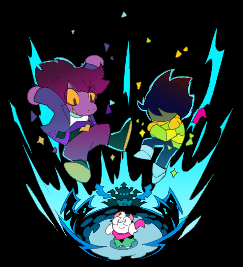 1boy 1girl 1other brown_hair chibi cloak colored_skin deltarune falling glasses goat_horns heart_buckle horns jacket kris_(deltarune) looking_up purple_hair purple_skin ralsei scarf shirt smile striped striped_shirt susie_(deltarune) temmie_chang transformation