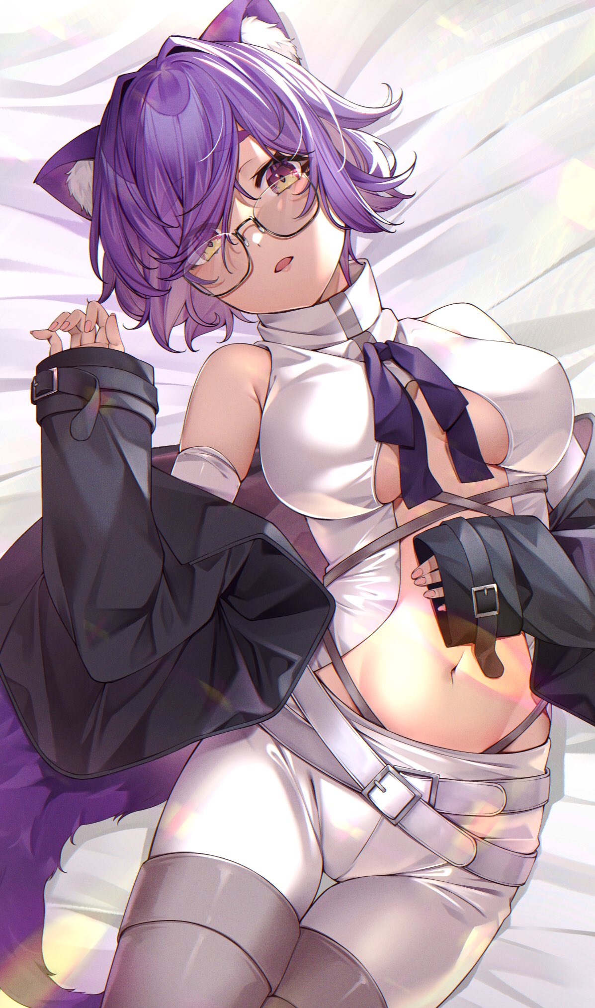 1girl animal_ear_fluff animal_ears bangs bed_sheet belt belt_buckle black_jacket breasts breasts_apart buckle center_opening commentary_request cowboy_shot detached_sleeves eyebrows_visible_through_hair eyes_visible_through_hair glasses grey_legwear hair_over_one_eye hand_on_own_stomach highres izumi_kei jacket large_breasts long_sleeves looking_at_viewer lying navel off_shoulder on_back open_clothes open_jacket original parted_lips purple_hair red_eyes semi-rimless_eyewear shirt short_hair shorts sleeves_past_wrists solo stomach tail thick_eyebrows thigh-highs white_belt white_shirt white_shorts