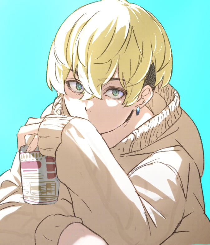1boy bangs blonde_hair blue_background brown_hoodie can covered_mouth earrings eyebrows_visible_through_hair green_eyes hair_between_eyes holding holding_can hood hood_down hoodie icehotmilktea jewelry long_sleeves looking_at_viewer male_focus matsuno_chifuyu simple_background sleeves_past_wrists solo thick_eyebrows tokyo_revengers upper_body
