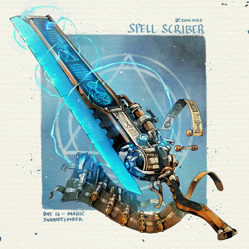 artist_name blue_background commentary electricity energy_sword english_commentary english_text fantasy light_particles magic_circle no_humans original scroll simple_background sinlaire still_life sword weapon weapon_focus weapon_request white_background