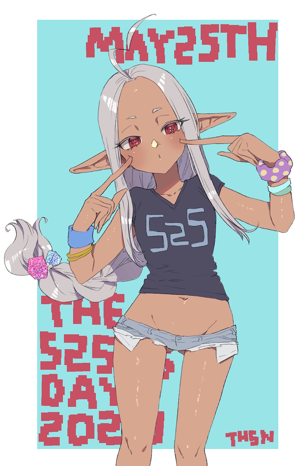 1girl 2020 ahoge aqua_background ass_visible_through_thighs bangs black_shirt border bracelet braid breasts bright_pupils closed_mouth clothes_writing commentary_request cutoffs dark-skinned_female dark_skin dated denim denim_shorts forehead grey_hair groin hair_ornament highres jewelry knees long_fingers long_hair looking_at_viewer lowleg lowleg_shorts micro_shorts midriff murata_tefu navel no_panties original outside_border parted_bangs pointy_ears red_eyes scrunchie shiny shiny_skin shirt short_shorts short_sleeves shorts simple_background single_braid skinny solo v-neck white_border white_pupils wrist_scrunchie wristband