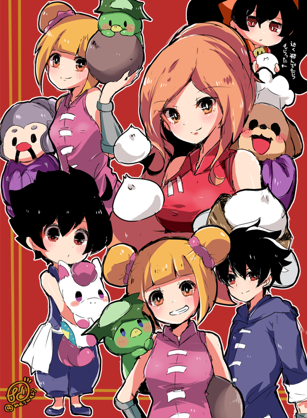 animal_nose ashley_(warioware) blonde_hair blush_stickers bright_pupils check_character chef_hat chibi cicada_(warioware) commentary_request dress dumpling food food-themed_hair_ornament hair_ornament hat herunia_kokuoji kappa long_hair master_mantis orange_eyes orange_hair orange_hair_ornament red_eyes short_hair signature sleeveless sleeveless_dress translation_request twintails warioware white_pupils young_cricket