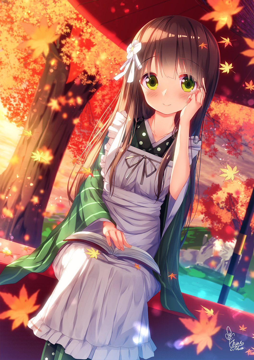 1girl ama_usa_an_uniform apron autumn_leaves blush book brown_hair chinomaron closed_mouth commentary_request duplicate dutch_angle feet_out_of_frame frilled_apron frills gochuumon_wa_usagi_desu_ka? green_eyes green_kimono hand_up highres japanese_clothes kimono leaf long_hair long_sleeves maid_apron maple_leaf open_book pixel-perfect_duplicate polka_dot signature sitting smile solo striped tree ujimatsu_chiya vertical-striped_kimono vertical_stripes very_long_hair water white_apron wide_sleeves