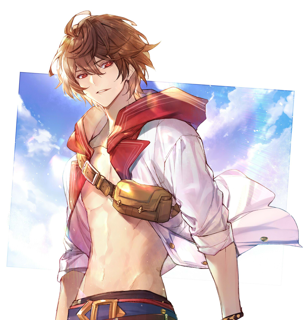 1boy achan_(blue_semi) ahoge bangs belt belt_buckle brown_hair buckle clouds fanny_pack granblue_fantasy groin hood hood_down hooded_jacket jacket lens_flare looking_at_viewer male_focus navel official_alternate_costume open_clothes open_jacket parted_lips red_eyes sandalphon_(granblue_fantasy) short_hair solo stomach