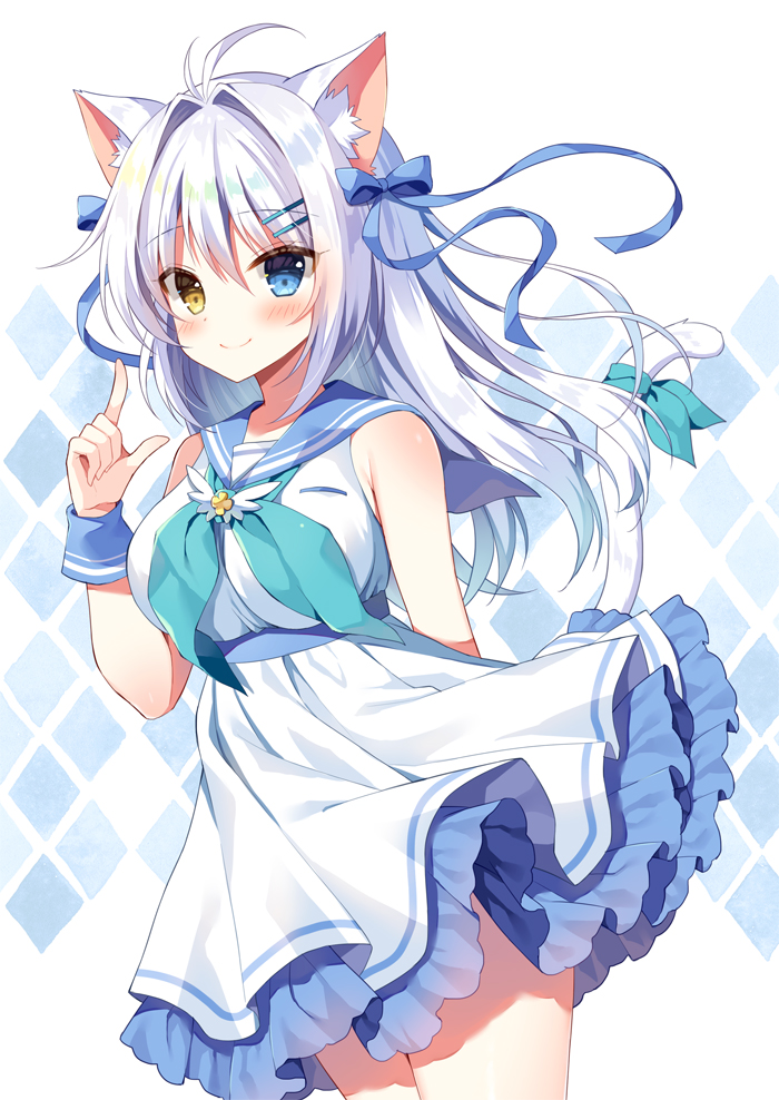 1girl animal_ear_fluff animal_ears bangs blue_bow blue_eyes blue_ribbon blue_sailor_collar blush bow breasts brown_eyes cat_ears cat_girl cat_tail closed_mouth dress eyebrows_visible_through_hair hair_between_eyes hair_bow hair_intakes hair_ornament hairclip hand_up heterochromia long_hair looking_at_viewer mauve medium_breasts original ribbon sailor_collar sleeveless sleeveless_dress smile solo tail tail_ornament tail_raised tail_ribbon very_long_hair white_dress white_hair wrist_cuffs