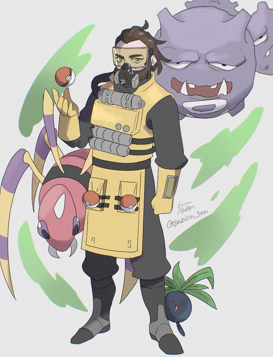 1boy 5-en apex_legends ariados beard black_eyes black_footwear black_pants boots brown_hair caustic_(apex_legends) clenched_hand crossover facial_hair gloves goggles green_eyes grey_background hair_behind_ear highres oddish open_hand pants poke_ball poke_ball_(basic) pokemon pokemon_(creature) trait_connection twitter_username weezing yellow_gloves