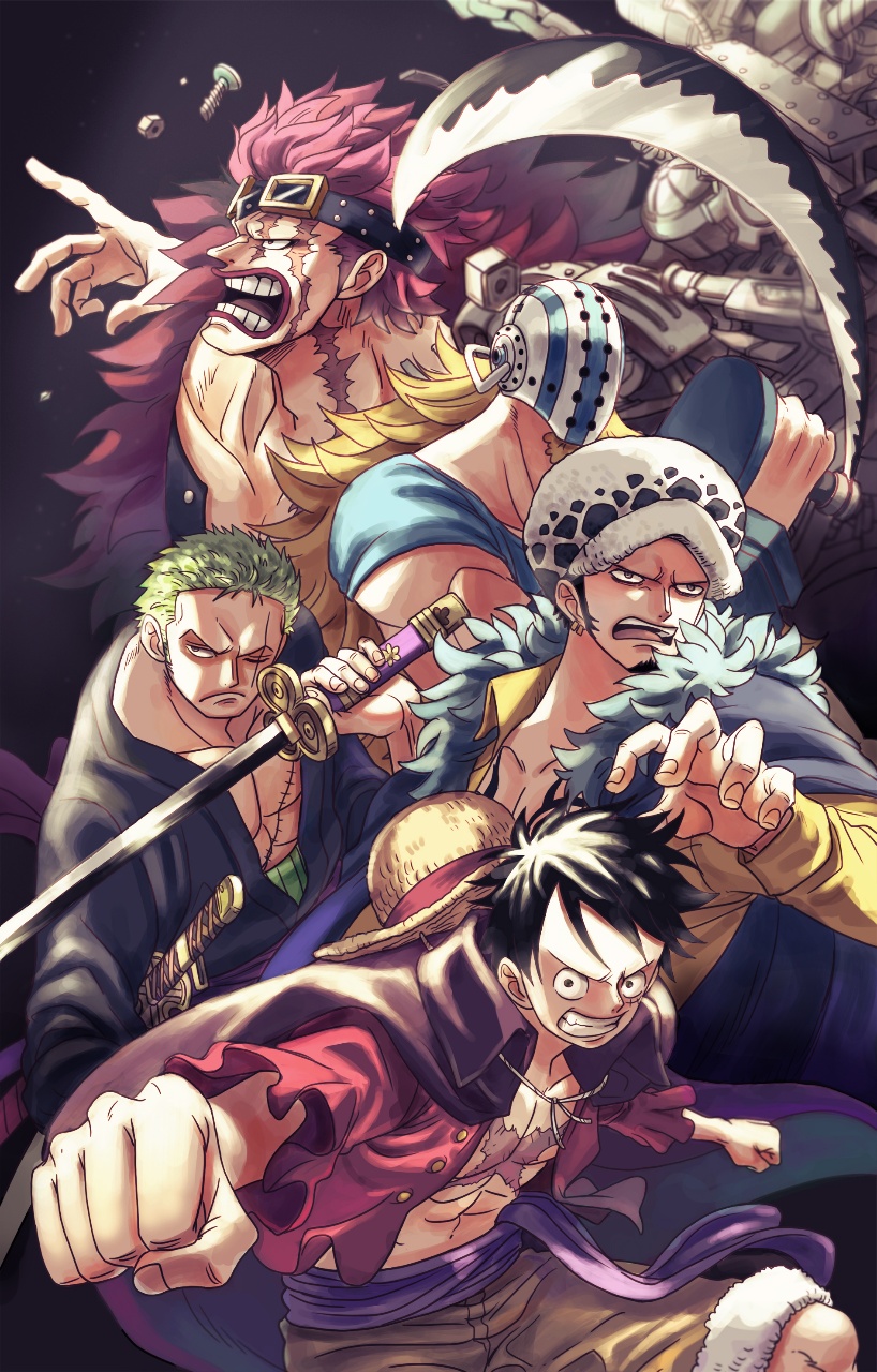 cross_scar eleven_supernova eustass_captain_kid facial_hair fighting_stance frown goatee goggles goggles_on_head green_hair green_kimono highres holding holding_sword holding_weapon jaguar_print japanese_clothes katana killer_(one_piece) kimono living_(pixiv5031111) long_sideburns male_focus monkey_d._luffy one_piece open_clothes open_shirt pectoral_cleavage pectorals roronoa_zoro scar scar_on_chest scythe short_hair sideburns sword toned toned_male trafalgar_law weapon