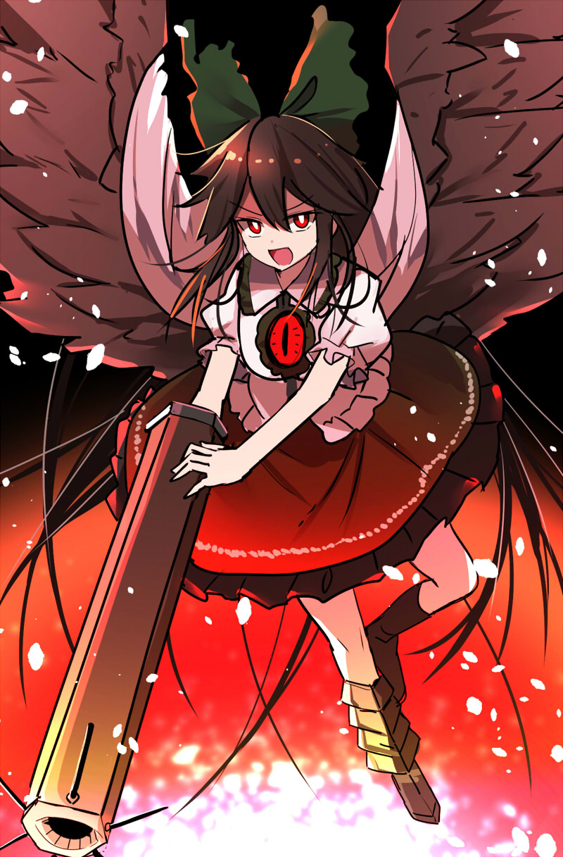 1girl arm_cannon bird_wings black_hair bow bright_pupils cape collared_shirt control_rod e.o. eyebrows_visible_through_hair feathered_wings frilled_shirt_collar frilled_skirt frills green_bow green_skirt hair_between_eyes hair_bow highres long_hair looking_at_viewer one-hour_drawing_challenge open_mouth puffy_short_sleeves puffy_sleeves red_eyes reiuji_utsuho shirt short_sleeves skirt solo third_eye touhou weapon white_cape white_pupils white_shirt wings