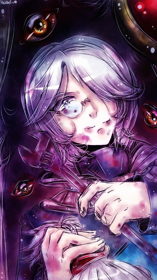 1boy bangs blood blood_on_face blue_coat brown_eyes closed_mouth coat commentary english_commentary extra_eyes glasses hair_between_eyes hair_over_one_eye holding holding_wrench hoshiastraea kiel-d-01 looking_to_the_side male_focus purple_theme ragnarok_online solo upper_body white_hair wrench