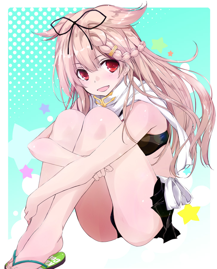 1girl bare_arms bare_legs bare_shoulders barefoot bikini black_bikini black_ribbon blonde_hair blush braid fang hair_flaps hair_ornament hair_ribbon hairclip hugging_own_legs kantai_collection long_hair looking_at_viewer open_mouth red_eyes remodel_(kantai_collection) ribbon sandals scarf smile solo star_(symbol) swimsuit white_scarf yumesato_makura yuudachi_(kancolle)