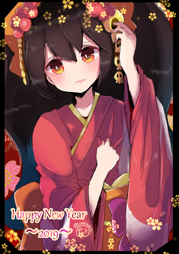 1girl 2019 ashley_(warioware) bangs black_hair commentary_request flat_chest food-themed_hair_ornament hair_ornament happy_new_year herunia_kokuoji japanese_clothes kimono long_sleeves new_year obi orange_eyes orange_hair_ornament red_kimono sash skull_hair_ornament solo twintails upper_body warioware wide_sleeves