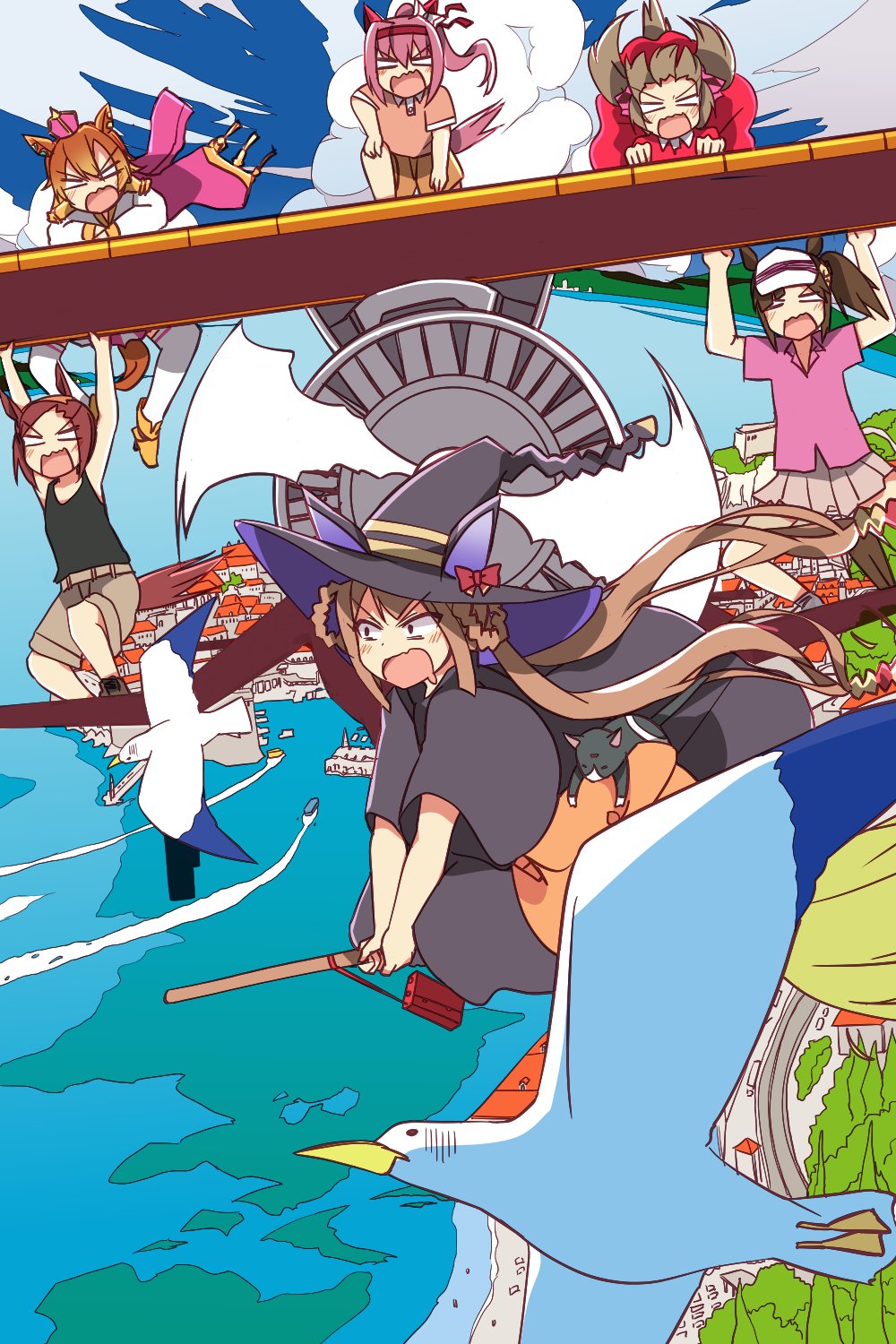 6+girls aircraft airplane animal_ears biplane broom broom_riding clouds commentary_request flying haru_urara_(umamusume) hat highres horse_ears horse_girl majo_no_takkyuubin multiple_girls ocean open_mouth parody sakura_bakushin_o_(umamusume) sky smart_falcon_(umamusume) sweep_tosho_(umamusume) t.m._opera_o_(umamusume) umamusume wahiko_(black_bastard) witch_hat