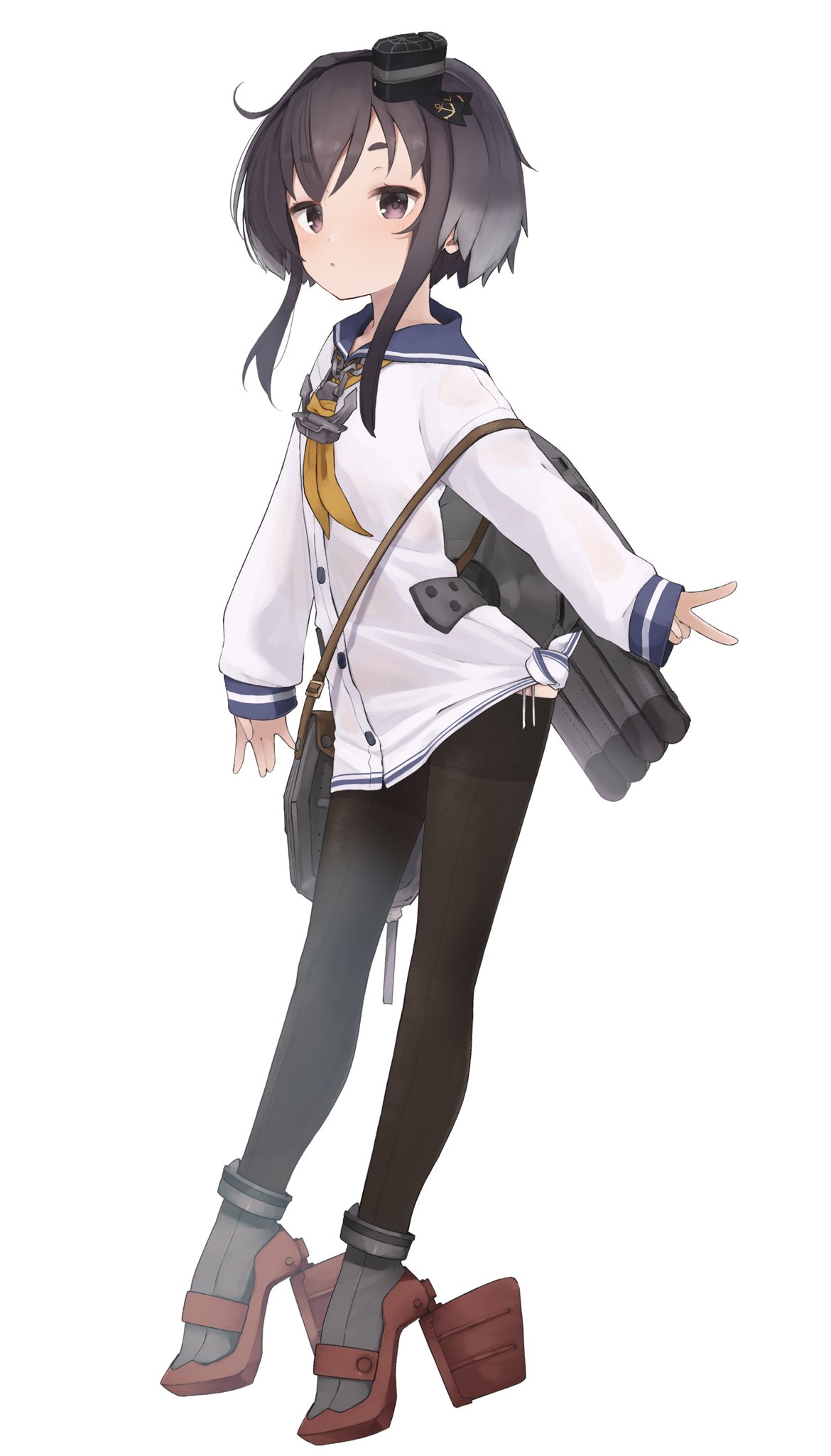 1girl anchor anchor_symbol bangs black_headwear black_legwear blue_sailor_collar brown_hair chain closed_mouth eyebrows_visible_through_hair full_body gradient_hair grey_footwear grey_hair hat highres kantai_collection long_hair long_sleeves mini_hat multicolored_hair panties pantyhose rudder_footwear sailor_collar sailor_shirt shirt shiwa_(siwaa0419) shoes short_eyebrows side-tie_panties sidelocks simple_background sleeves_past_wrists solo thick_eyebrows thighband_pantyhose tiptoes tokitsukaze_(kancolle) underwear v violet_eyes white_background white_panties white_shirt yellow_neckwear