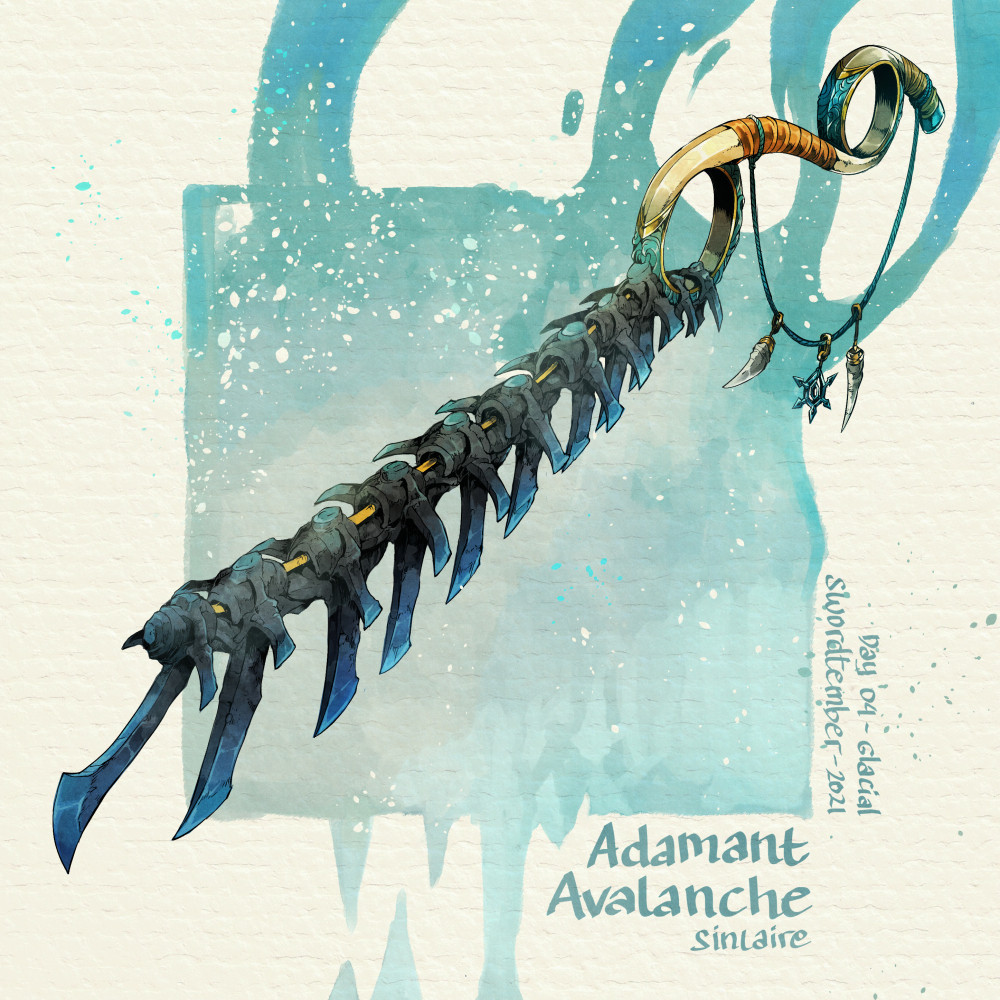 artist_name blue_background commentary dated english_commentary english_text fantasy light_particles no_humans original simple_background sinlaire still_life sword weapon weapon_focus white_background