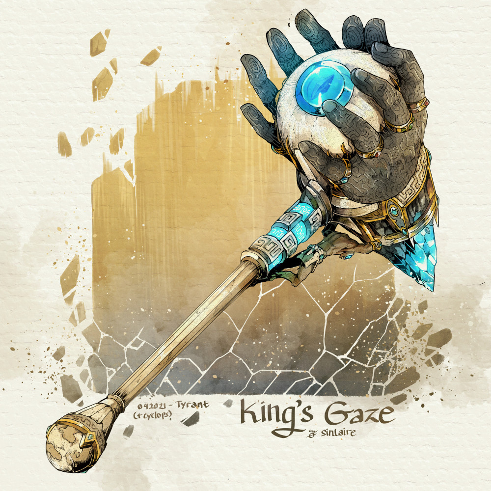 artist_name commentary crystal dated english_commentary english_text eye_focus fantasy gradient gradient_background hammer hands jewelry light_particles no_humans original ring simple_background sinlaire slit_pupils still_life weapon weapon_focus white_background