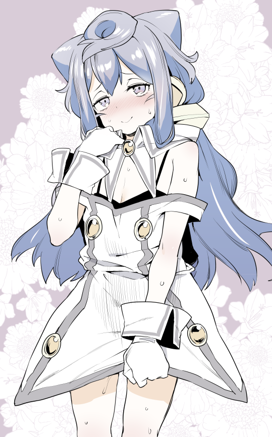 1boy atage blue_hair blush buttons closed_mouth cowboy_shot dot_nose double-breasted dress gloves hacka_doll hacka_doll_3 hand_up long_hair looking_at_viewer male_focus otoko_no_ko pale_color sanpaku smile solo standing sweat violet_eyes white_dress white_gloves