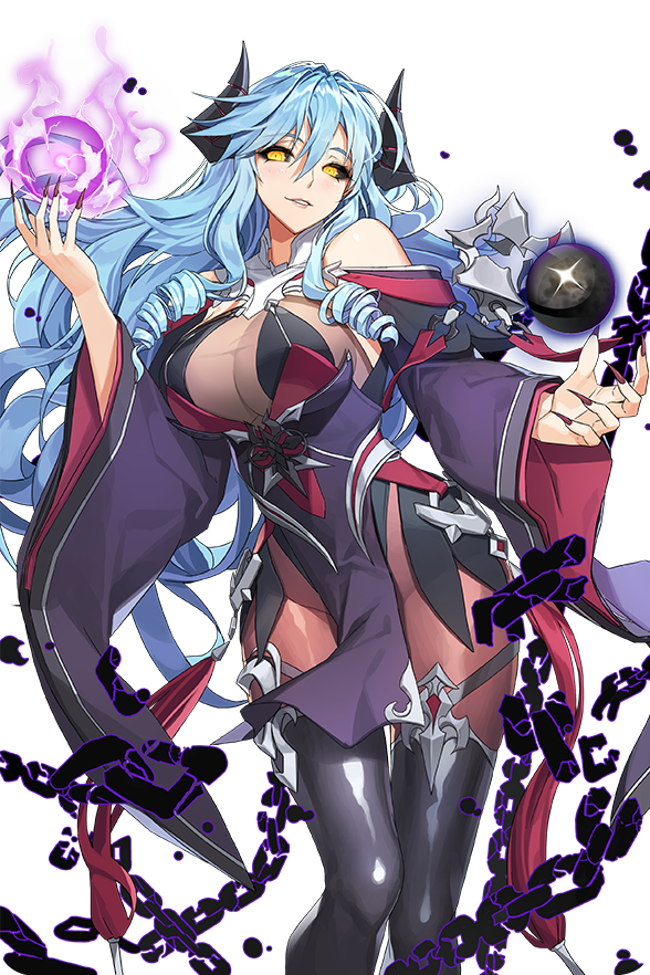 1girl alkyde_(soccer_spirits) black_sclera blue_hair boots breasts broken broken_chain catharsis_(soccer_spirits) chain colored_sclera dark_persona demon_girl demon_horns drill_hair high_heel_boots high_heels horns large_breasts long_hair looking_at_viewer looking_to_the_side orb pantyhose soccer_spirits vakasatang white_background wizard yellow_eyes