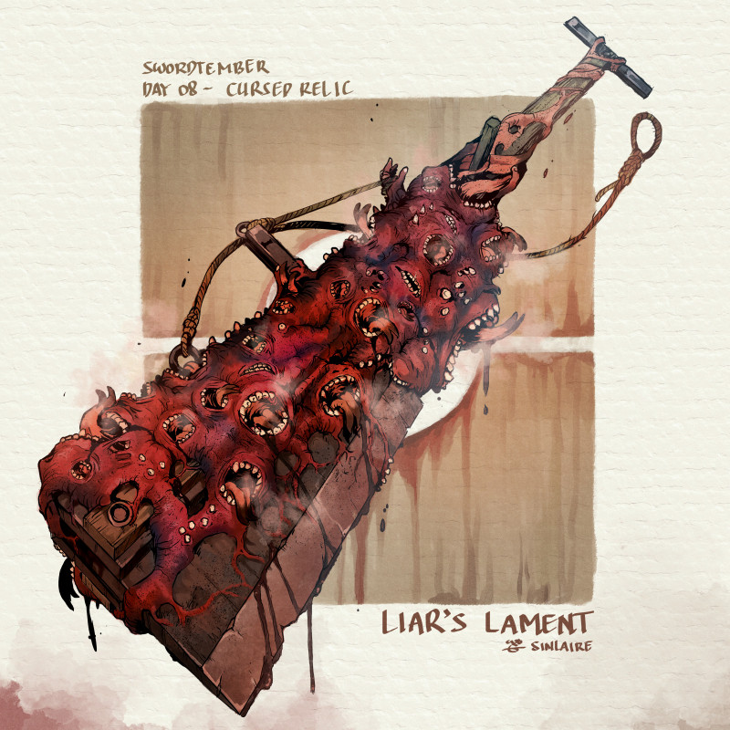 artist_name blood brown_background butcher_knife commentary english_commentary english_text fantasy no_humans noose open_mouth original simple_background sinlaire steam still_life sword teeth tongue tongue_out weapon weapon_focus weapon_request white_background