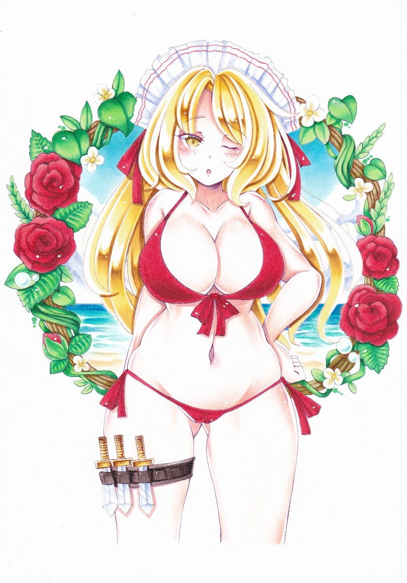 1girl bare_shoulders beach bikini blonde_hair breasts dagger eyebrows_visible_through_hair flower hair_ornament knife leg_belt long_hair looking_at_viewer maid maid_headdress mystic_square nemonadi ocean one_eye_closed open_mouth red_bikini ribbon rose sand swimsuit touhou touhou_(pc-98) traditional_media weapon yellow_eyes yumeko_(touhou)