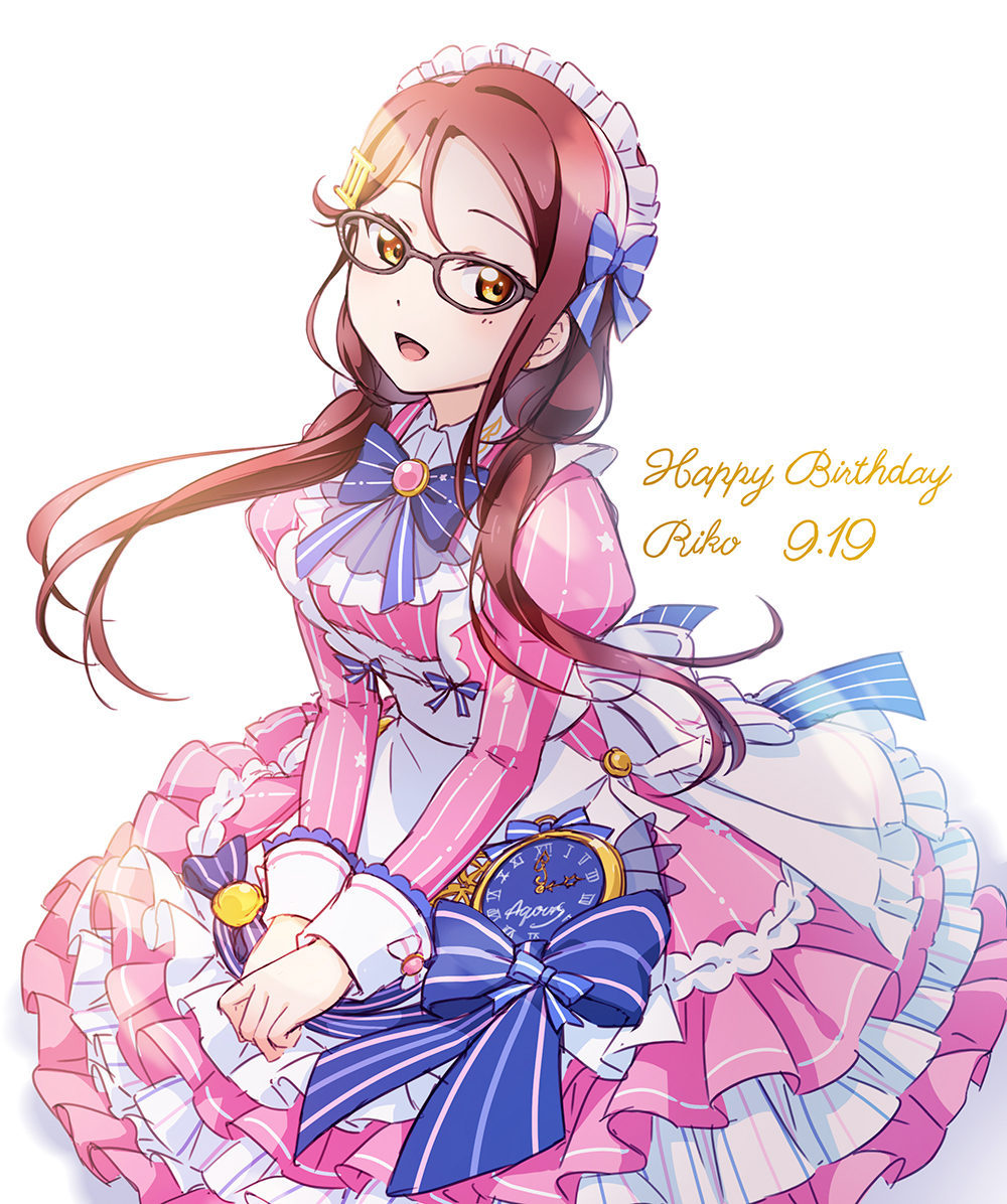 1girl apron bangs birthday character_name commentary_request dated english_text glasses grey-framed_eyewear happy_birthday konro_kai long_sleeves looking_at_viewer love_live! love_live!_sunshine!! low_twintails maid maid_apron maid_headdress redhead sakurauchi_riko sidelocks solo twintails yellow_eyes