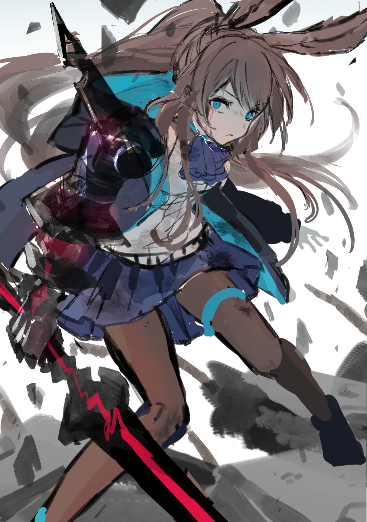 1girl amiya_(arknights) amiya_(guard)_(arknights) arknights black_footwear black_legwear blue_collar blue_eyes blue_neckwear blue_skirt brown_hair collar commentary_request dirty dirty_face highres holding holding_sword holding_weapon mechanical_arms official_alternate_costume ponytail shirt single_mechanical_arm sketch skirt solo standing sword tarutaru_yamaoka thigh_strap unfinished weapon white_background white_shirt