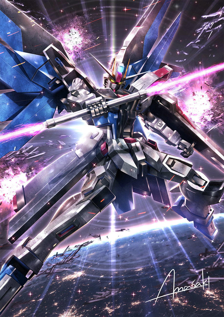 amasaki_yusuke beam_saber double-blade earth_(planet) explosion freedom_gundam glowing glowing_eyes gundam gundam_seed head_tilt highres holding holding_sword holding_weapon mecha mechanical_wings no_humans planet science_fiction shield signature solo space sword v-fin weapon wings