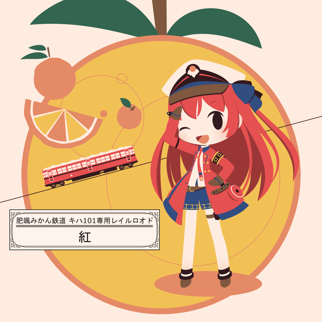 1girl arm_up brown_gloves chibi cobalta eyebrows_visible_through_hair gloves ground_vehicle looking_at_viewer one_eye_closed rail_romanesque redhead solo train translation_request