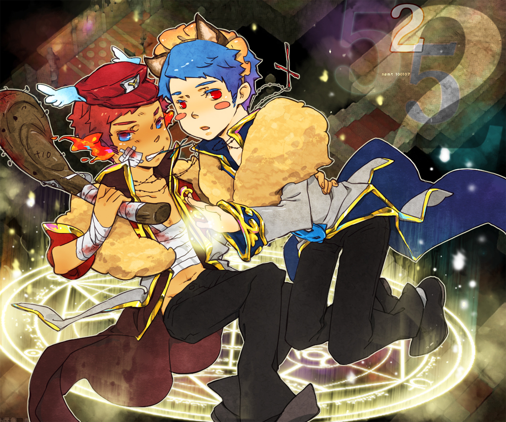 2boys alternate_color animal_ears bandages bandaid bandaid_on_cheek bangs black_coat black_footwear black_pants blood blood_on_bandages blue_eyes blue_hair blush_stickers cat_ears clenched_teeth club_(weapon) coat commentary_request cross cross_necklace full_body high_priest_(ragnarok_online) holding holding_weapon jewelry long_sleeves looking_at_viewer magic_circle male_focus multiple_boys necklace nsmt open_mouth pants ragnarok_online red_eyes red_headwear redhead sarashi shoes short_hair teeth two-tone_coat weapon white_coat wings