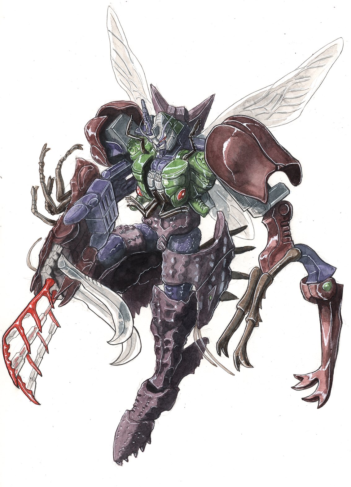 beast_wars beast_wars_ii claws highres horns insect_wings looking_down mecha no_humans red_eyes solo tgping traditional_media transformers tripredacus white_background wings