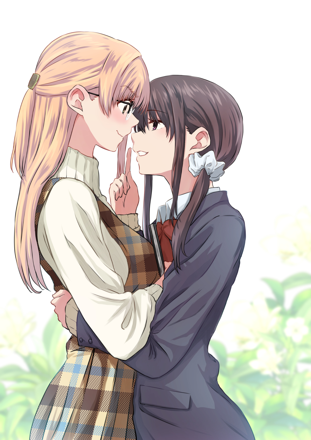 2girls arm_around_waist blonde_hair blush bow brown_hair closed_mouth commentary_request eye_contact eyebrows_visible_through_hair flower glasses highres long_hair looking_at_another multiple_girls original parted_lips pointing pointing_up rakisuto scrunchie teeth yuri