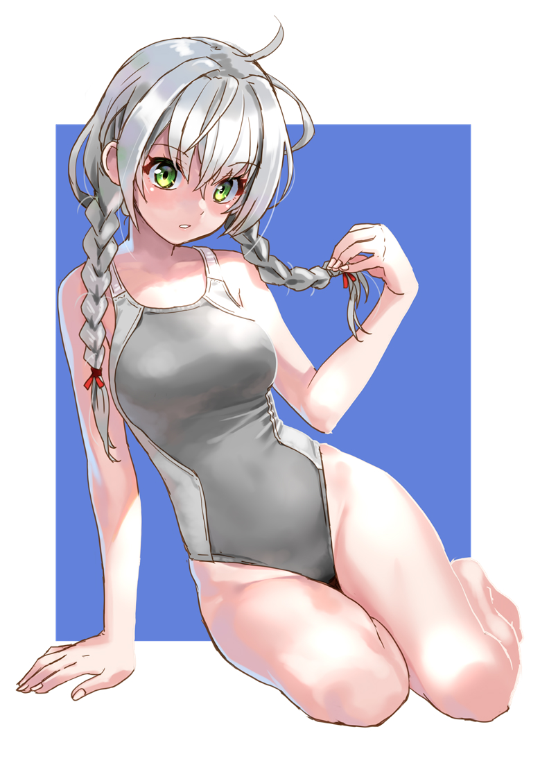 1girl arm_support blue_background braid commentary_request competition_swimsuit full_body green_eyes grey_swimsuit katahira_masashi long_hair looking_at_viewer low_twintails one-piece_swimsuit original silver_hair sitting solo swimsuit twin_braids twintails two-tone_background white_background yokozuwari