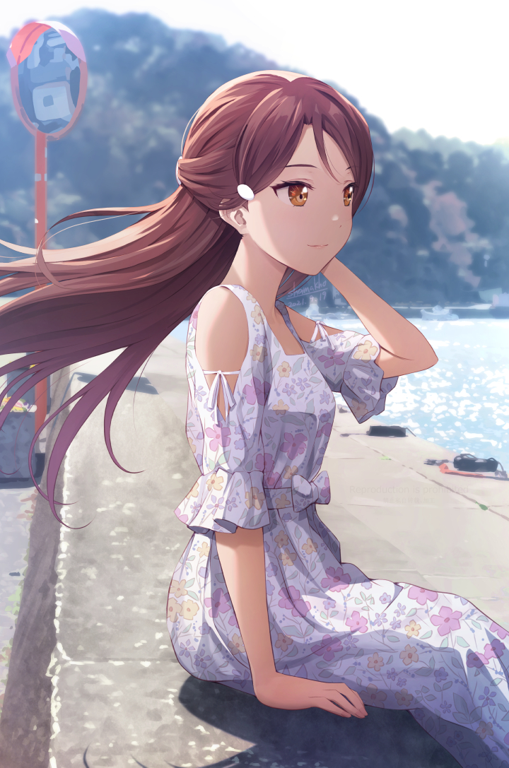 1girl blurry blurry_background closed_mouth commentary_request dress floating_hair floral_print from_side hand_up long_hair looking_ahead love_live! love_live!_sunshine!! outdoors redhead sakurauchi_riko shadow shamakho sitting solo water yellow_eyes