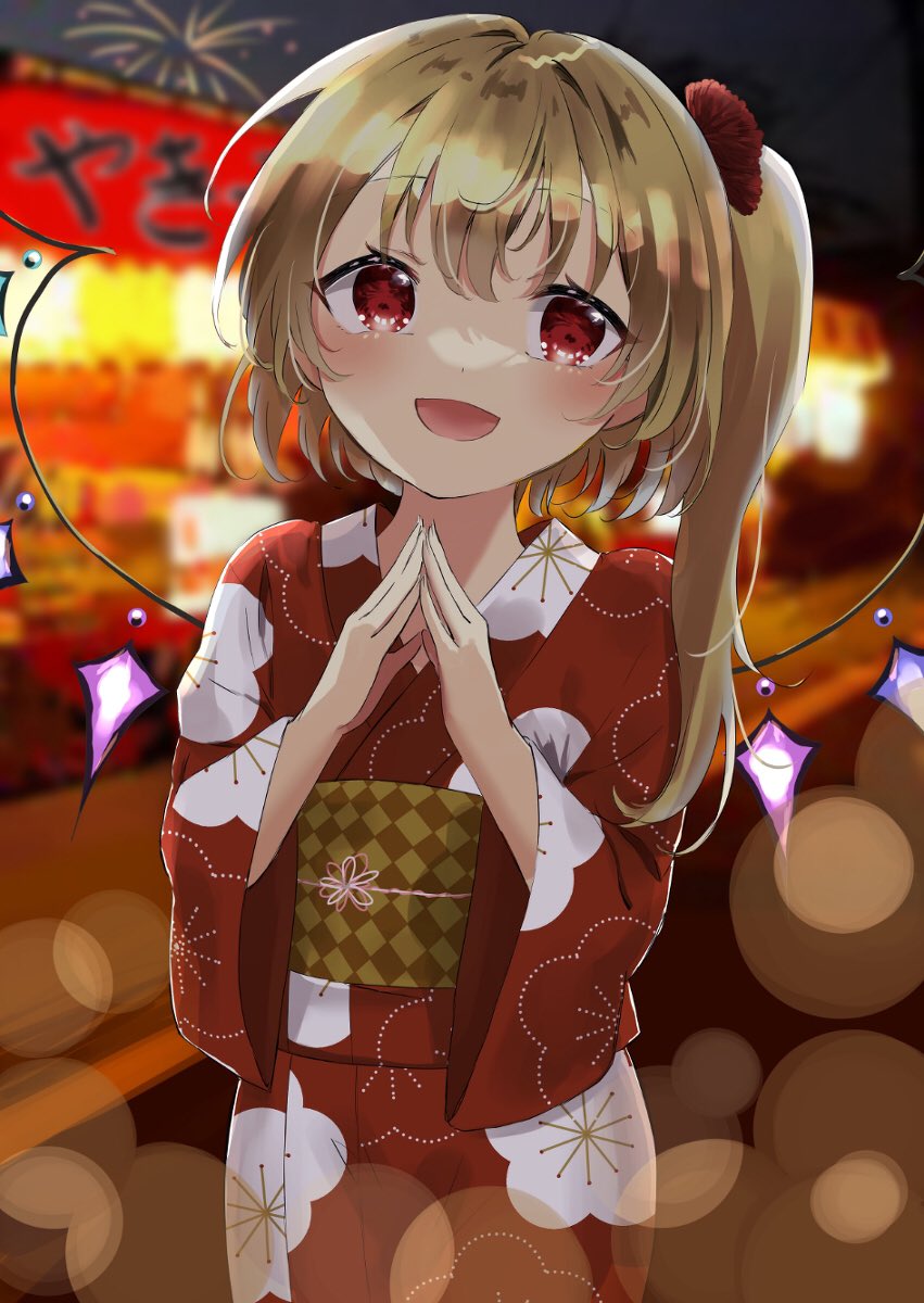 1girl :d alternate_costume bangs blonde_hair blurry blurry_background blush bokeh bow commentary_request cowboy_shot crystal depth_of_field eyebrows_visible_through_hair fireworks flandre_scarlet floral_print hair_bow hands_up happy highres kamachi_(kamati0maru) long_sleeves looking_at_viewer market_stall night no_hat no_headwear one_side_up open_mouth outdoors red_bow red_eyes short_hair smile solo steepled_fingers touhou wide_sleeves wings