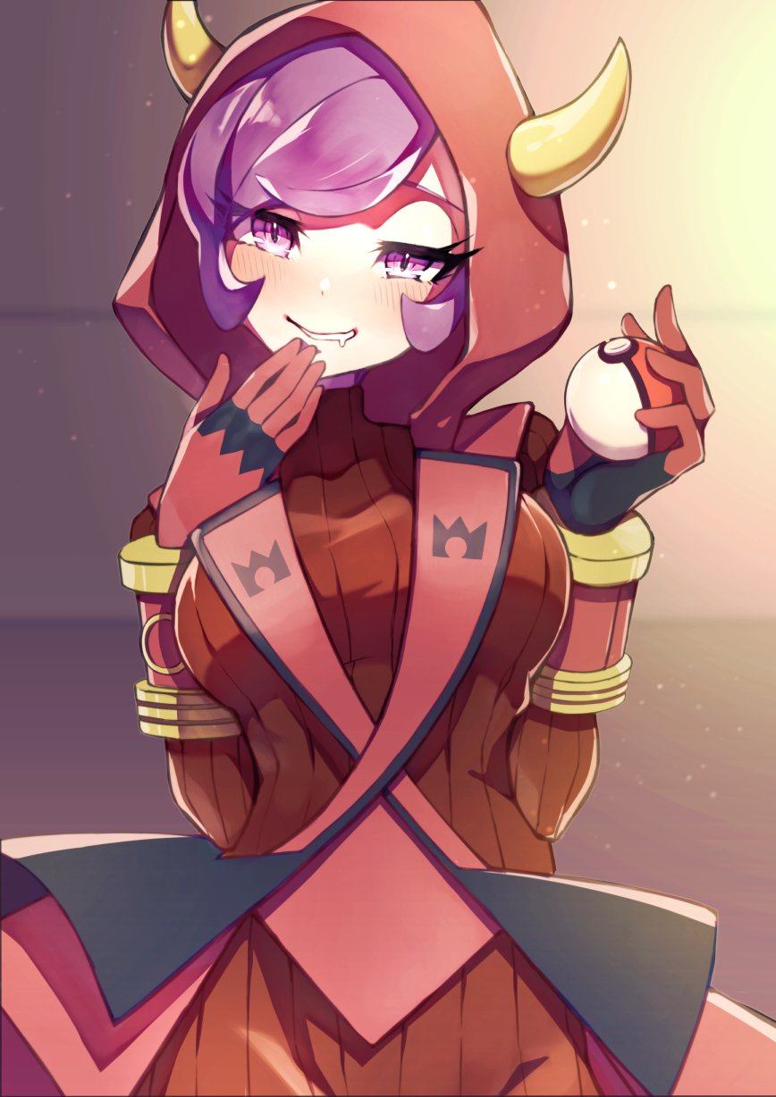 1girl blush breasts courtney_(pokemon) cowboy_shot drooling fake_horns gloves highres hood horned_headwear horned_hood horns large_breasts multicolored multicolored_clothes poke_ball poke_ball_(basic) pokemon pokemon_(game) pokemon_oras purple_hair red_gloves red_hood red_sweater ribbed_sweater rindoriko short_hair solo sweater team_magma team_magma_uniform violet_eyes